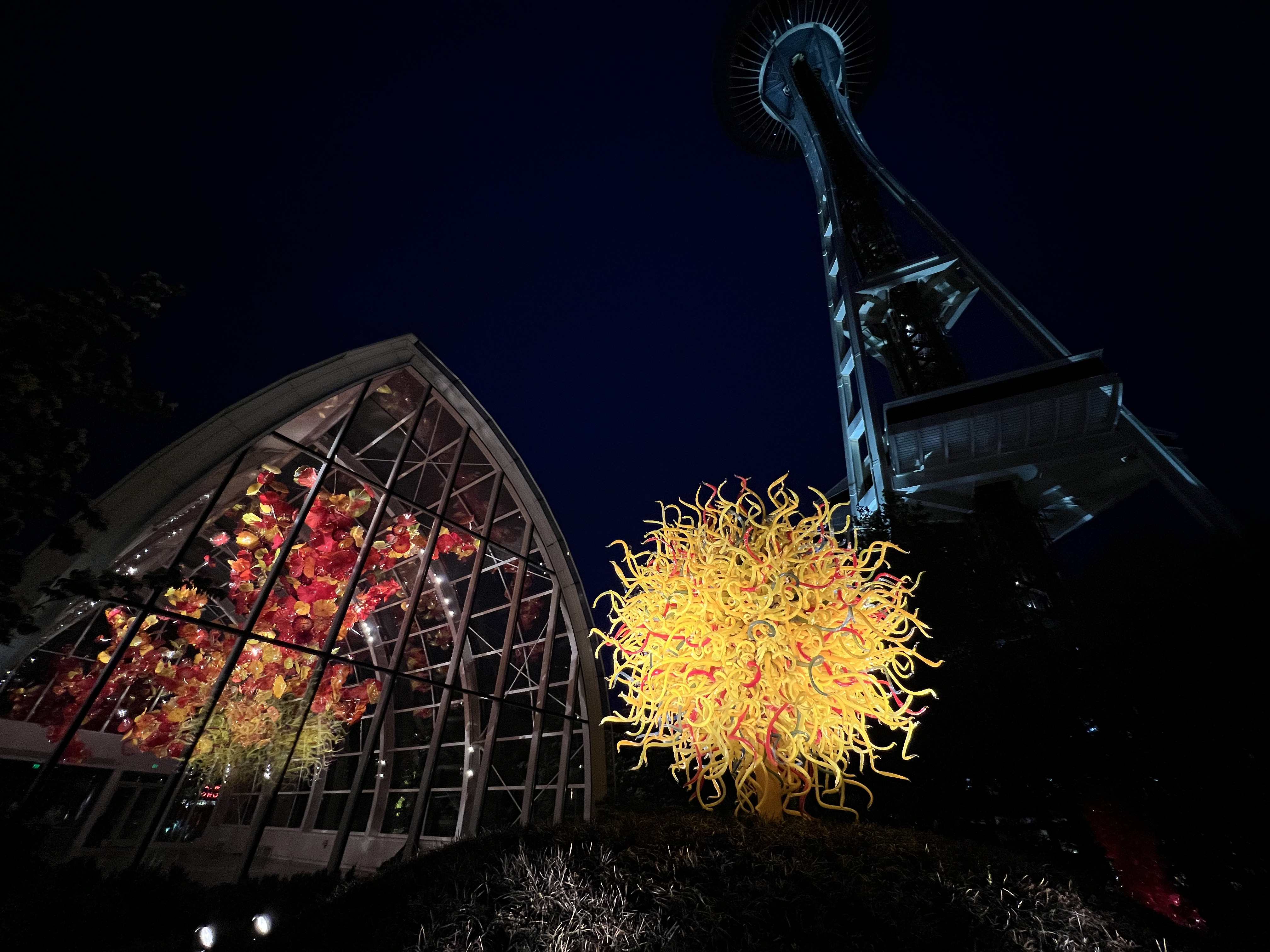 晚上的 Chihuly & Space Needle